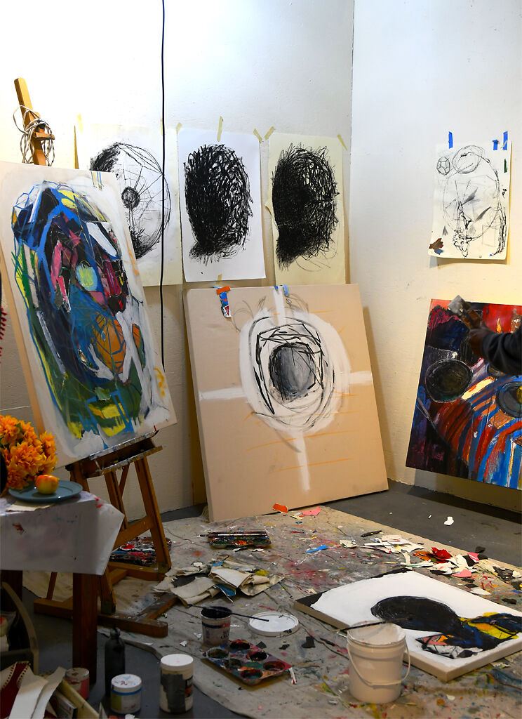 Askia Bilal's art studio stands cluttered